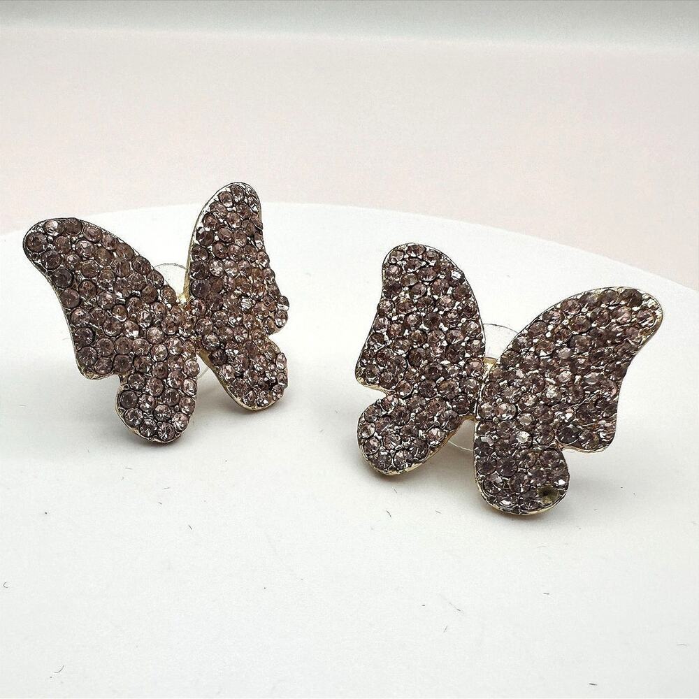 Vintage 90s Gold Tone Pink Glass Pave Butterfly Stud Earrings Fashion Jewelry